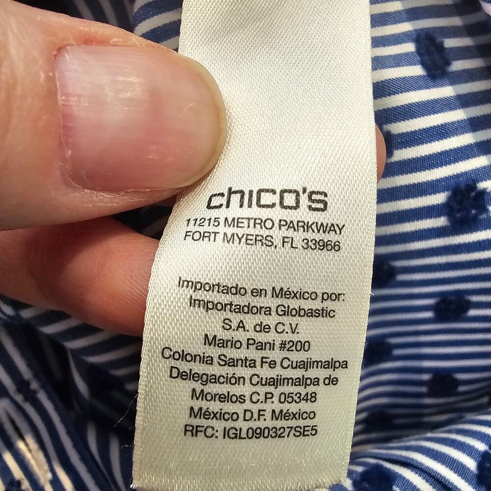 Chico's 1 (8-10) Blue White Stripe Button Up Shirt Grandma Coastal Nautical - Picture 11 of 12